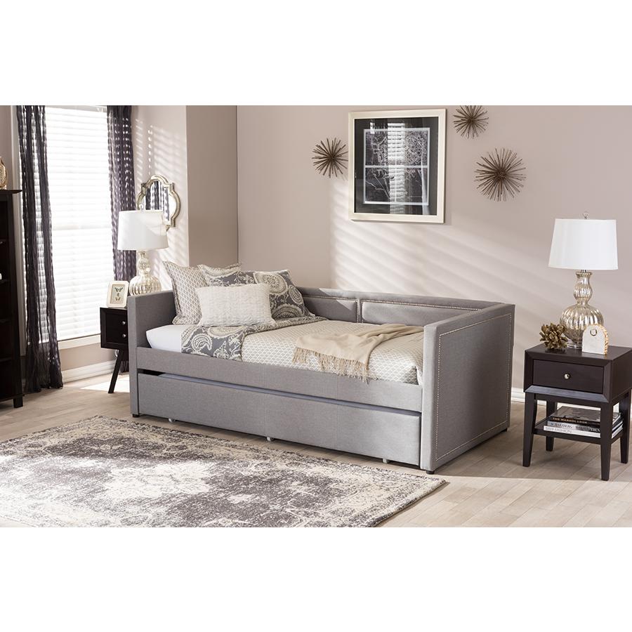 Grey Fabric Nail Heads Trimmed Sofa Twin Daybed with Roll-Out Trundle Guest Bed. Picture 7