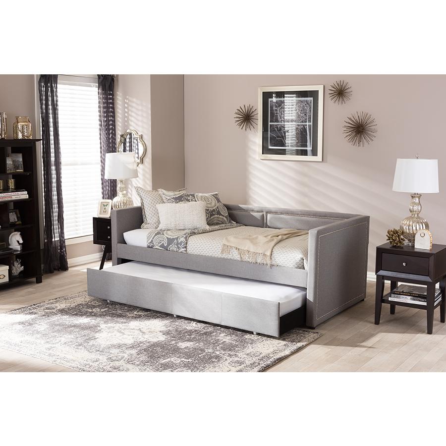 Grey Fabric Nail Heads Trimmed Sofa Twin Daybed with Roll-Out Trundle Guest Bed. Picture 8