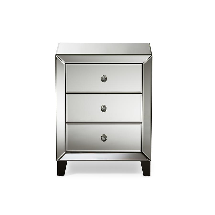 Mirrored 3-Drawers NightstBedside Table "Silver" Mirrored. Picture 1
