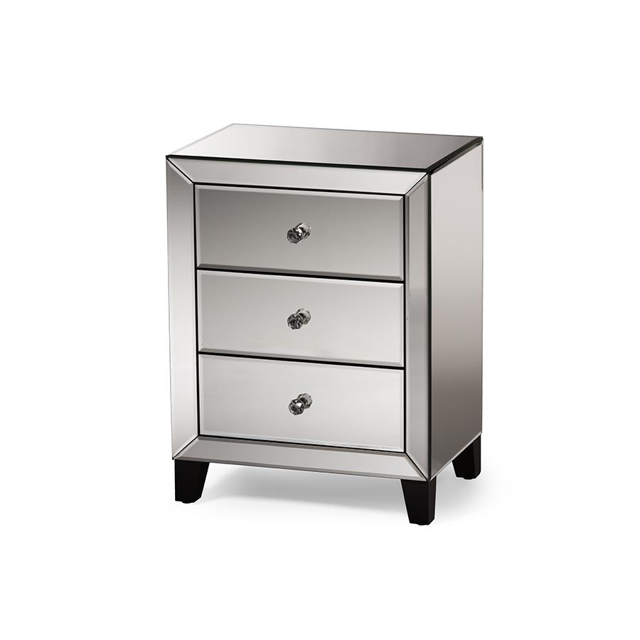 Mirrored 3-Drawers NightstBedside Table "Silver" Mirrored. Picture 2