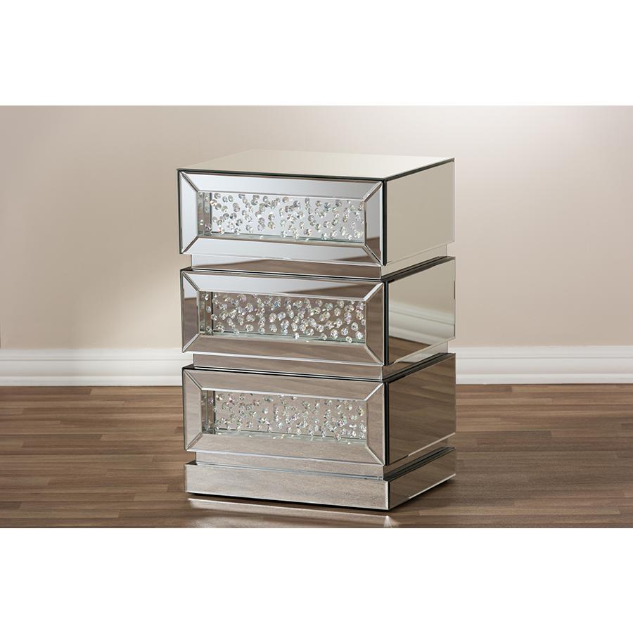 Sabrina Hollywood Regency Glamour Style Mirrored 3-Drawer End Table. Picture 6
