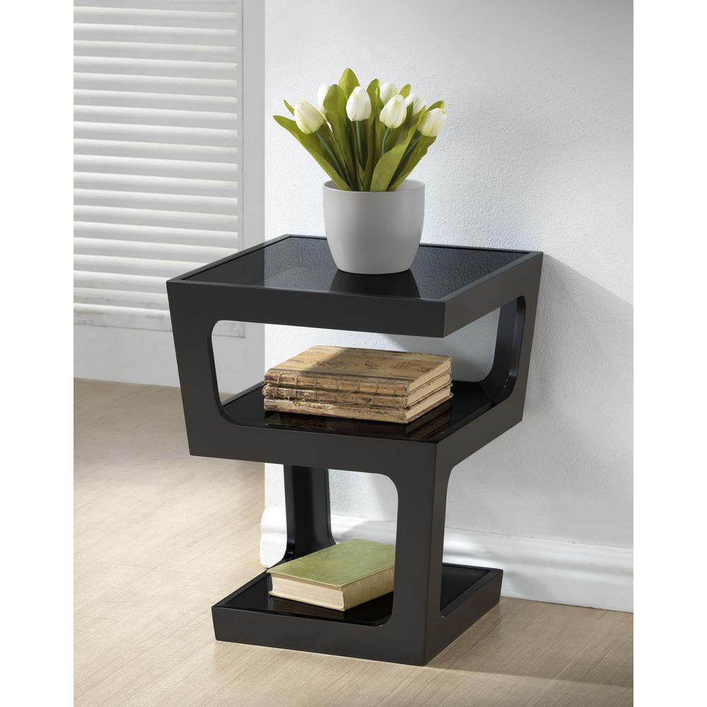 Clara Black Modern End Table with 3-Tiered Glass Shelves. Picture 4