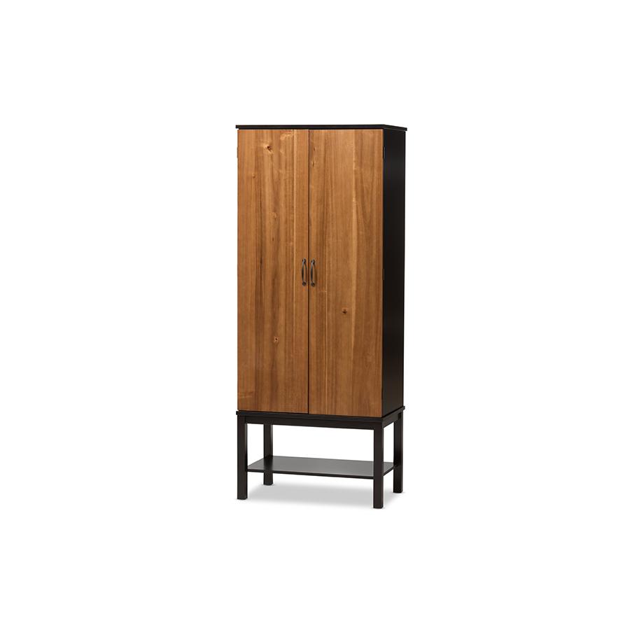 Dark Brown and Walnut Two-Tone Solid Rubberwood Mdf Veneered Wine Cabinet. Picture 1