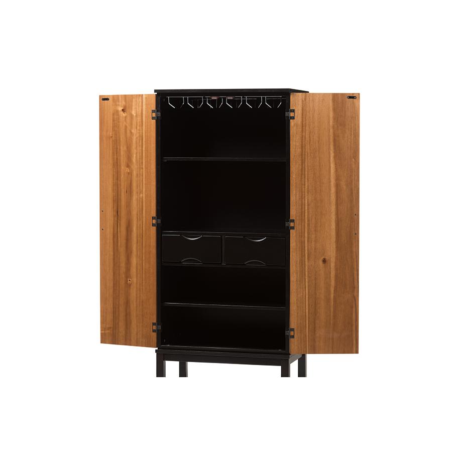 Dark Brown and Walnut Two-Tone Solid Rubberwood Mdf Veneered Wine Cabinet. Picture 4