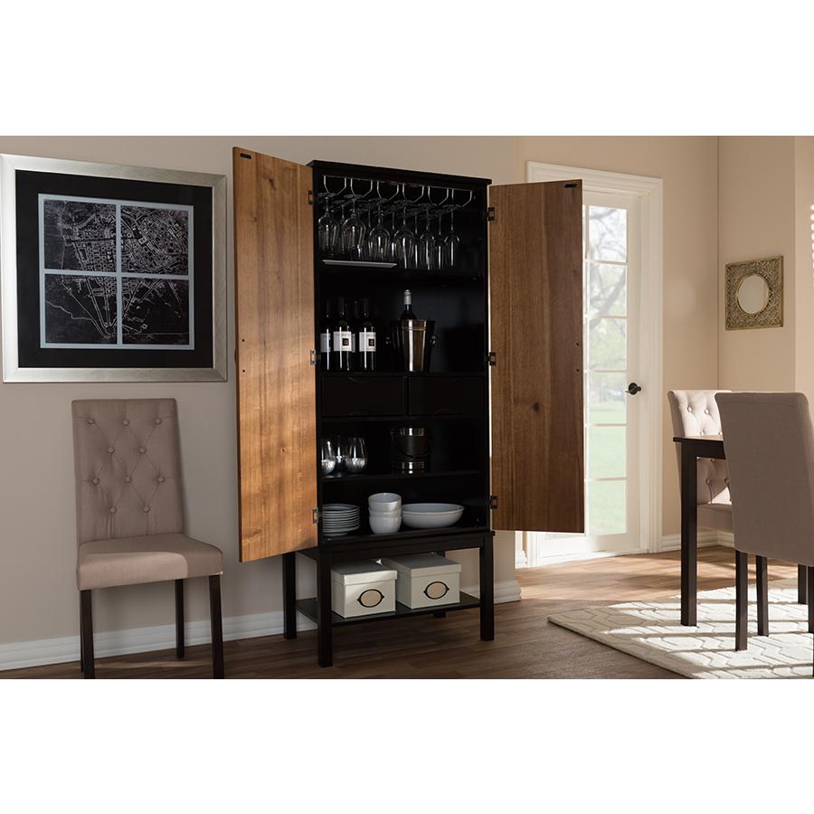 Dark Brown and Walnut Two-Tone Solid Rubberwood Mdf Veneered Wine Cabinet. Picture 8