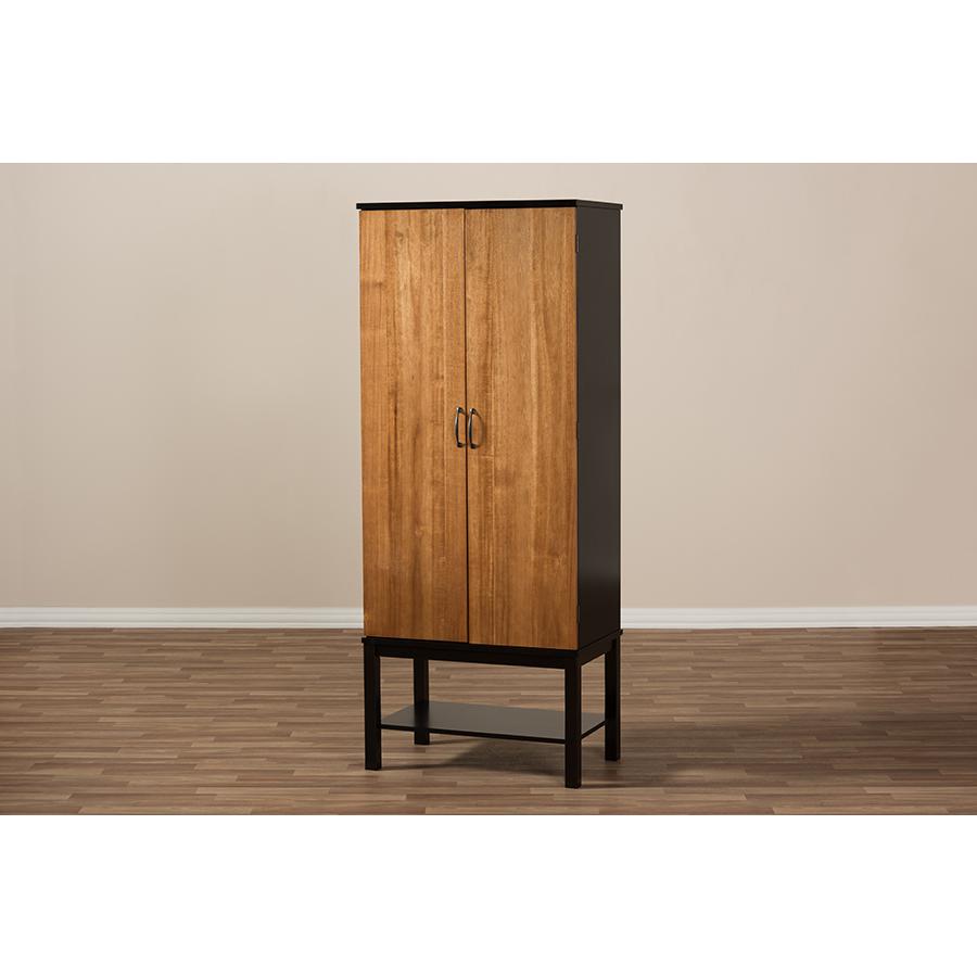 Dark Brown and Walnut Two-Tone Solid Rubberwood Mdf Veneered Wine Cabinet. Picture 9