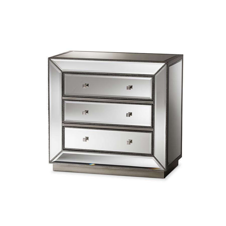 Baxton Studio Edeline Hollywood Regency Glamour Style Mirrored 3-Drawer Cabinet. Picture 1