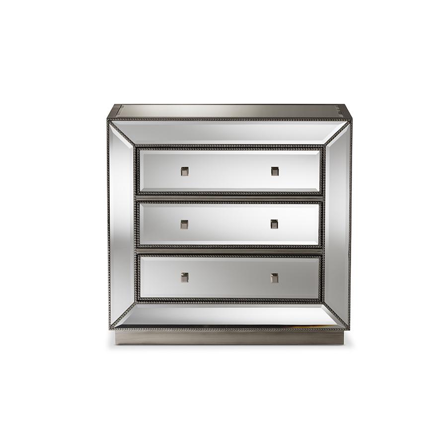 Baxton Studio Edeline Hollywood Regency Glamour Style Mirrored 3-Drawer Cabinet. Picture 3