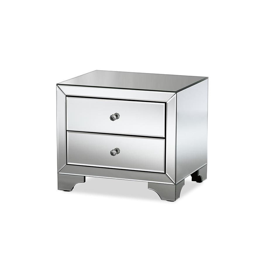 Glamour Mirrored 2-Drawer Nightstand. Picture 1