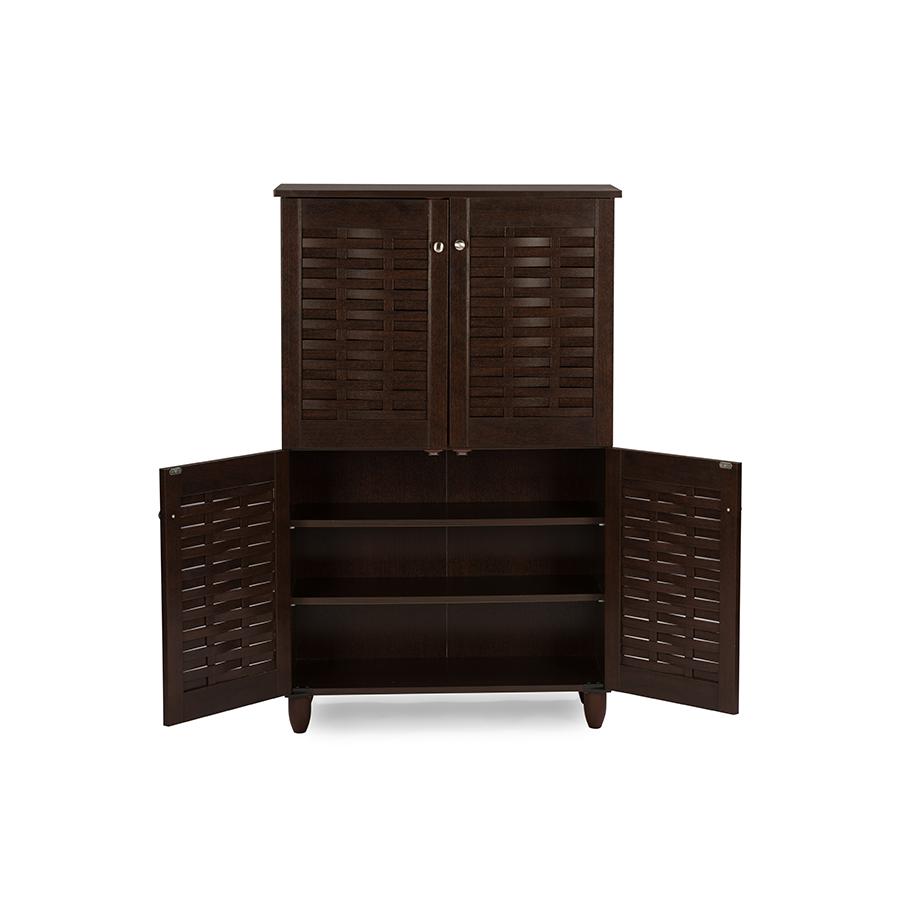 Winda Modern and Contemporary 4-Door Dark Brown Wooden Entryway Shoes Storage Cabinet. Picture 4