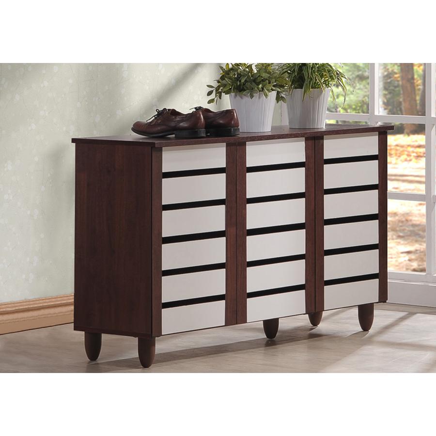 Baxton Studio Gisela Oak and White 2-tone Shoe Cabinet With 3 Doors. Picture 5