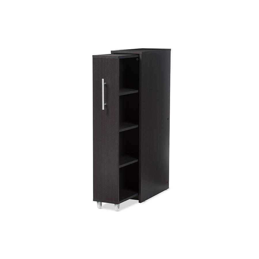 Lindo Dark Brown Wood Bookcase with One Pulled-out Door Shelving Cabinet. Picture 2