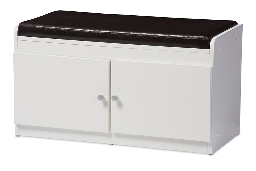 White Wood 2-Door Shoe Cabinet with Seating Bench. Picture 2