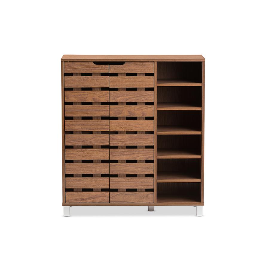 "Walnut" Medium Brown Wood 2-Door Shoe Cabinet with Open Shelves. Picture 1