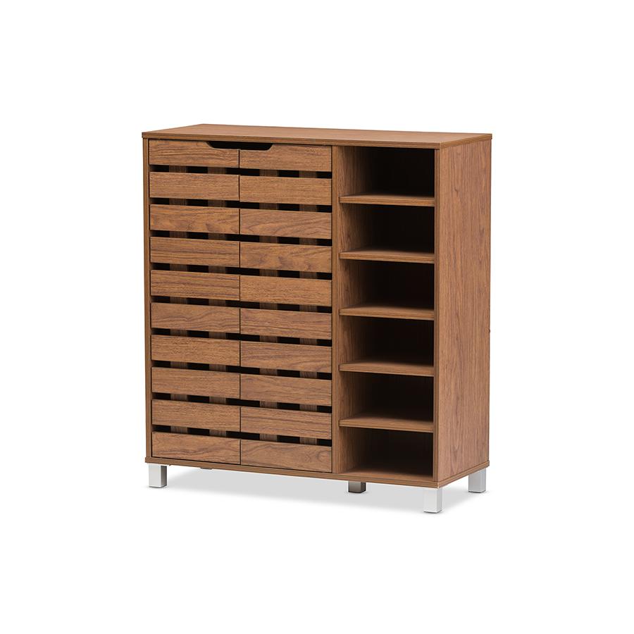 "Walnut" Medium Brown Wood 2-Door Shoe Cabinet with Open Shelves. Picture 2