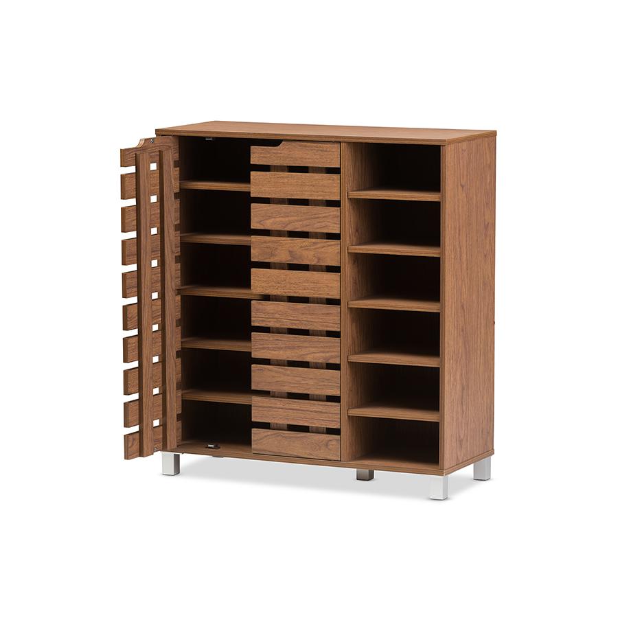 "Walnut" Medium Brown Wood 2-Door Shoe Cabinet with Open Shelves. Picture 3