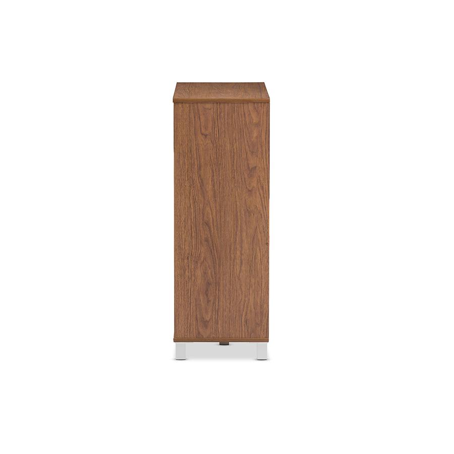 "Walnut" Medium Brown Wood 2-Door Shoe Cabinet with Open Shelves. Picture 4