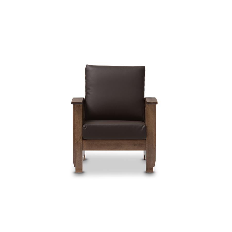 Charlotte Modern Classic Mission Style Walnut Brown Wood and Dark Brown Faux Leather 1-Seater Lounge Chair Dark Brown/"Walnut" Brown. Picture 1