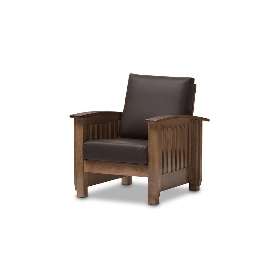 Charlotte Modern Classic Mission Style Walnut Brown Wood and Dark Brown Faux Leather 1-Seater Lounge Chair Dark Brown/"Walnut" Brown. Picture 2