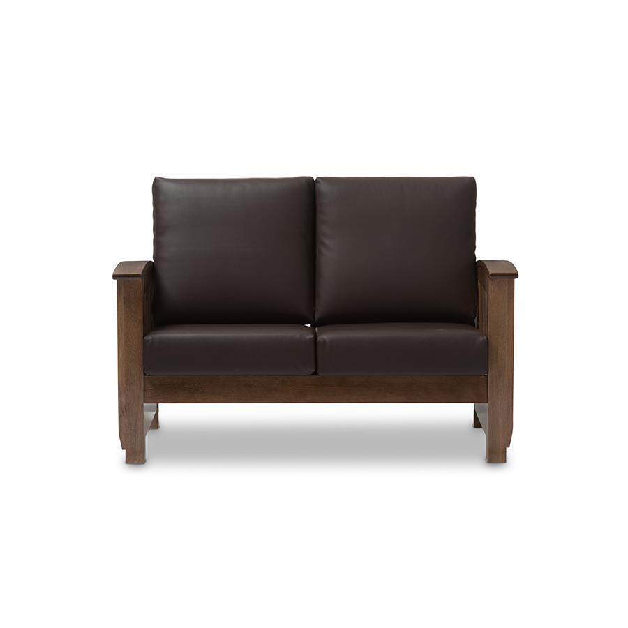 Charlotte Modern Classic Mission Style Walnut Brown Wood and Dark Brown Faux Leather 2-Seater Loveseat Dark Brown/"Walnut" Brown. Picture 1