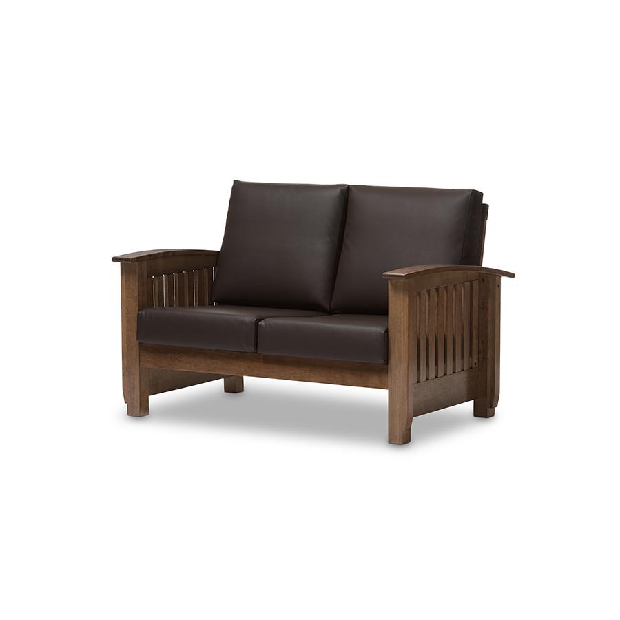 Charlotte Modern Classic Mission Style Walnut Brown Wood and Dark Brown Faux Leather 2-Seater Loveseat Dark Brown/"Walnut" Brown. Picture 2