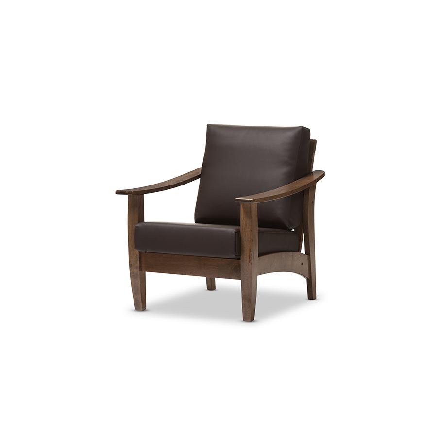 Pierce Mid-Century Modern Walnut Brown Wood and Dark Brown Faux Leather 1-Seater Lounge Chair Dark Brown/"Walnut" Brown. Picture 2