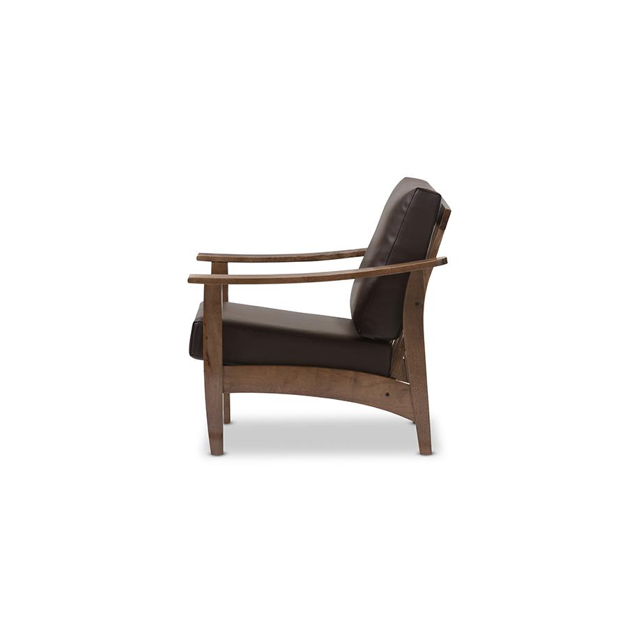 Pierce Mid-Century Modern Walnut Brown Wood and Dark Brown Faux Leather 1-Seater Lounge Chair Dark Brown/"Walnut" Brown. Picture 3