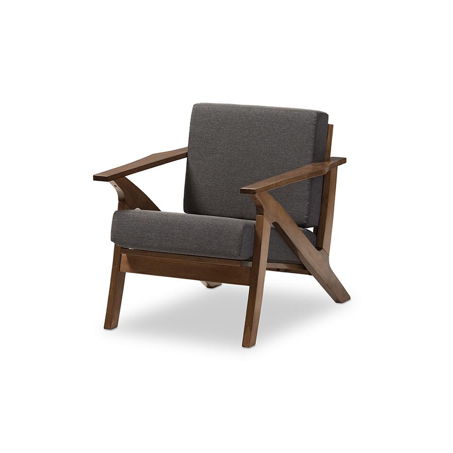 Cayla Mid-Century Modern Grey Fabric and "Walnut" Brown Wood Living Room 1-Seater Lounge Chair Grey/"Walnut" Brown. Picture 1
