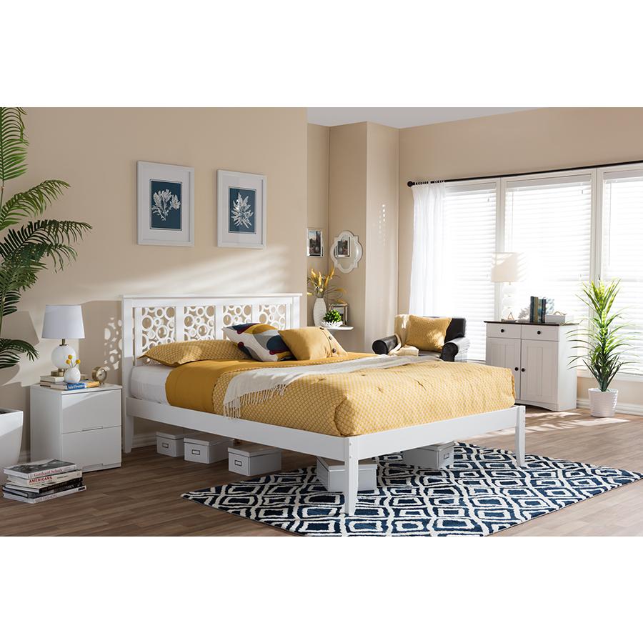 Geometric Pattern White Solid Wood Queen Size Platform Bed. Picture 4