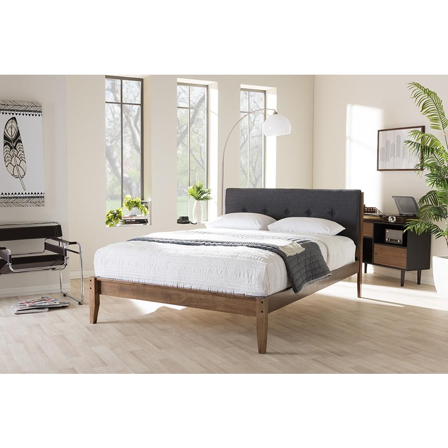 Leyton Mid-Century Modern Grey Fabric Upholstered King Size Platform Bed. Picture 6