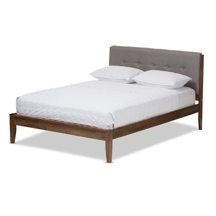 Leyton Mid-Century Light Grey Fabric and Medium Brown Finish Wood Queen Size Platform Bed. Picture 1