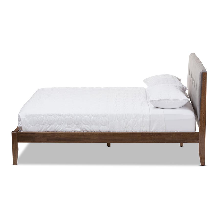 Leyton Mid-Century Light Grey Fabric and Medium Brown Finish Wood Queen Size Platform Bed. Picture 2