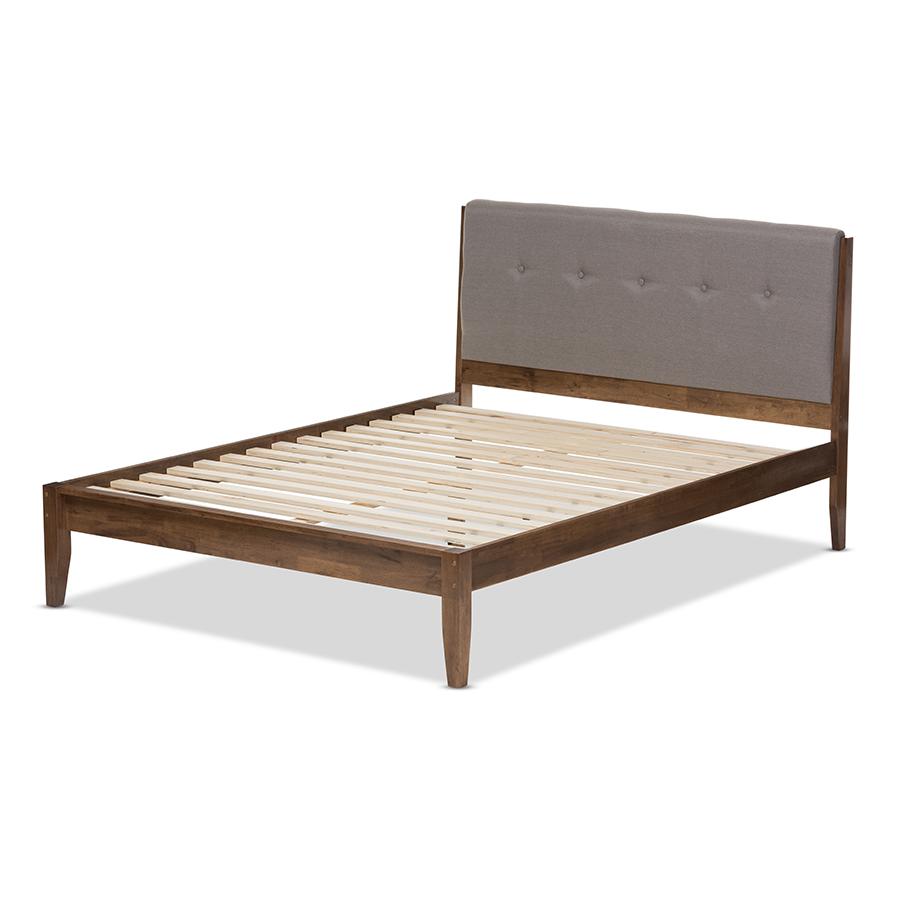 Leyton Mid-Century Light Grey Fabric and Medium Brown Finish Wood Queen Size Platform Bed. Picture 3