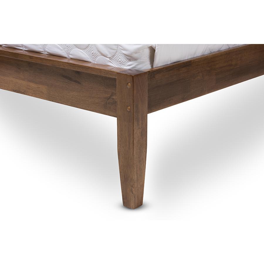 Leyton Mid-Century Light Grey Fabric and Medium Brown Finish Wood Queen Size Platform Bed. Picture 5