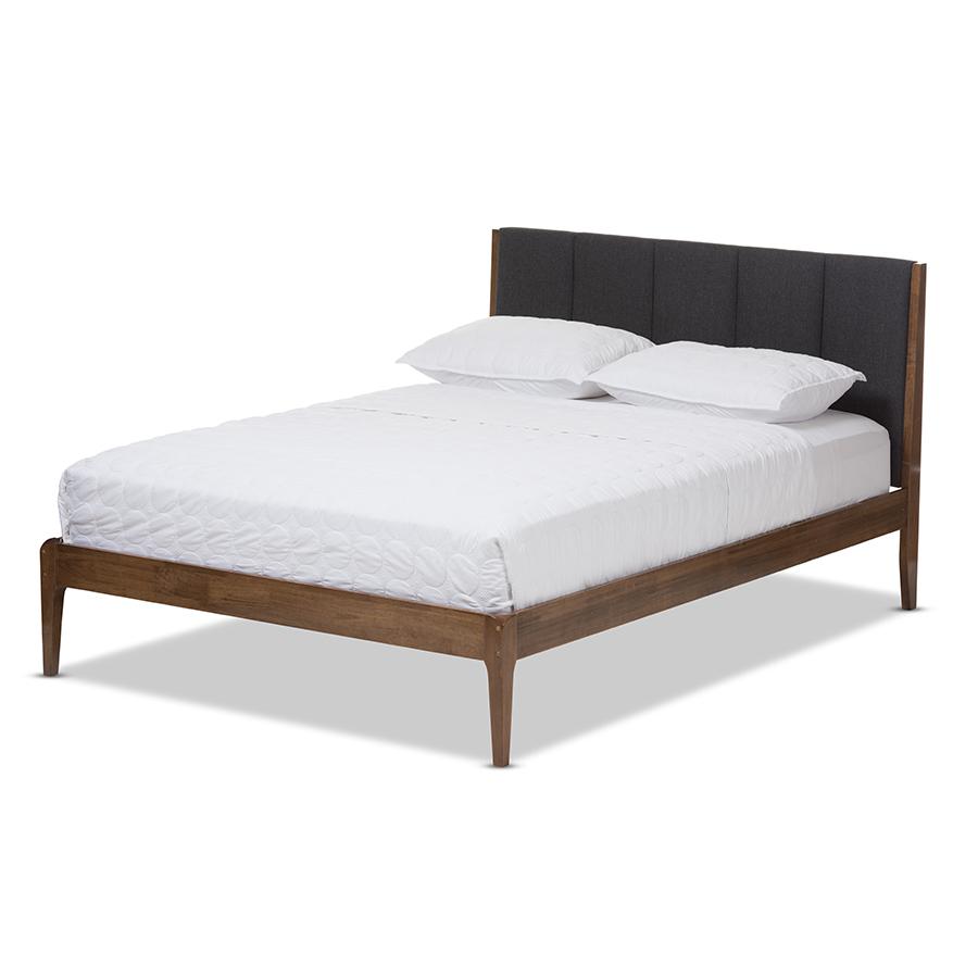 Ember Mid-Century Dark Grey Fabric and Medium Brown Finish Wood Queen Size Platform Bed. Picture 1