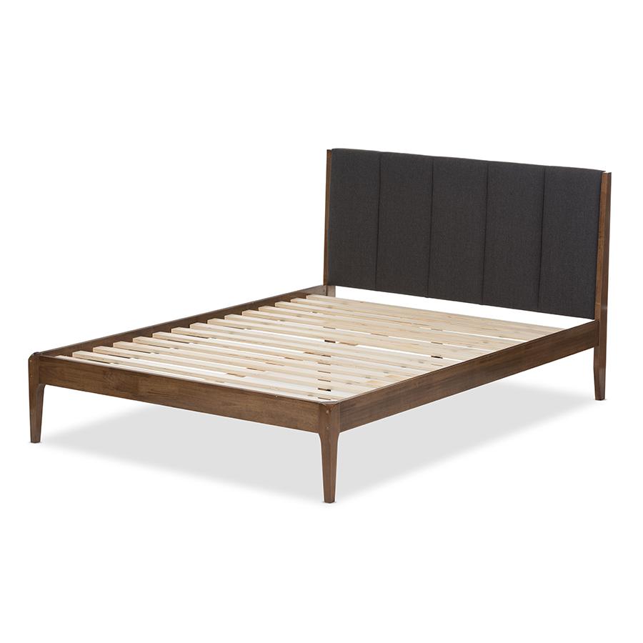 Ember Mid-Century Dark Grey Fabric and Medium Brown Finish Wood Queen Size Platform Bed. Picture 3