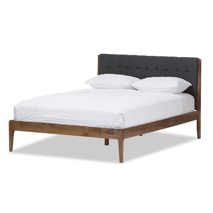 Clifford Mid-Century Dark Grey Fabric and Medium Brown Finish Wood Queen Size Platform Bed. Picture 1