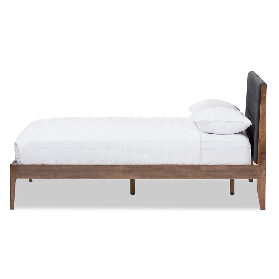 Clifford Mid-Century Dark Grey Fabric and Medium Brown Finish Wood Queen Size Platform Bed. Picture 2