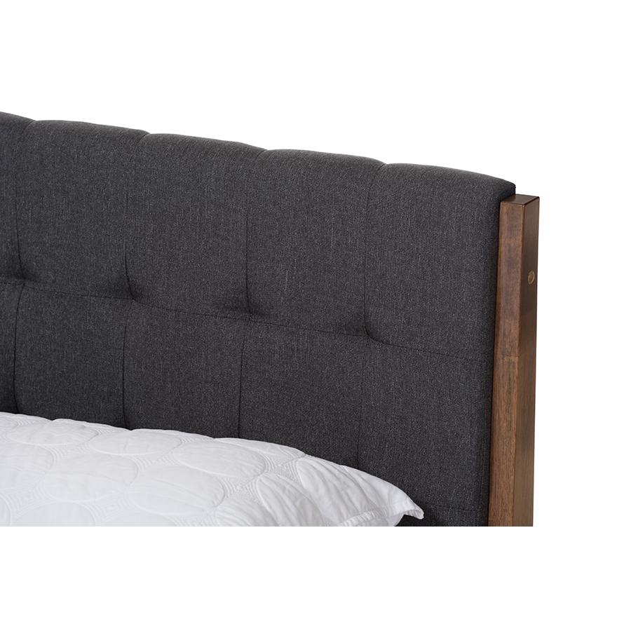 Clifford Mid-Century Dark Grey Fabric and Medium Brown Finish Wood Queen Size Platform Bed. Picture 4