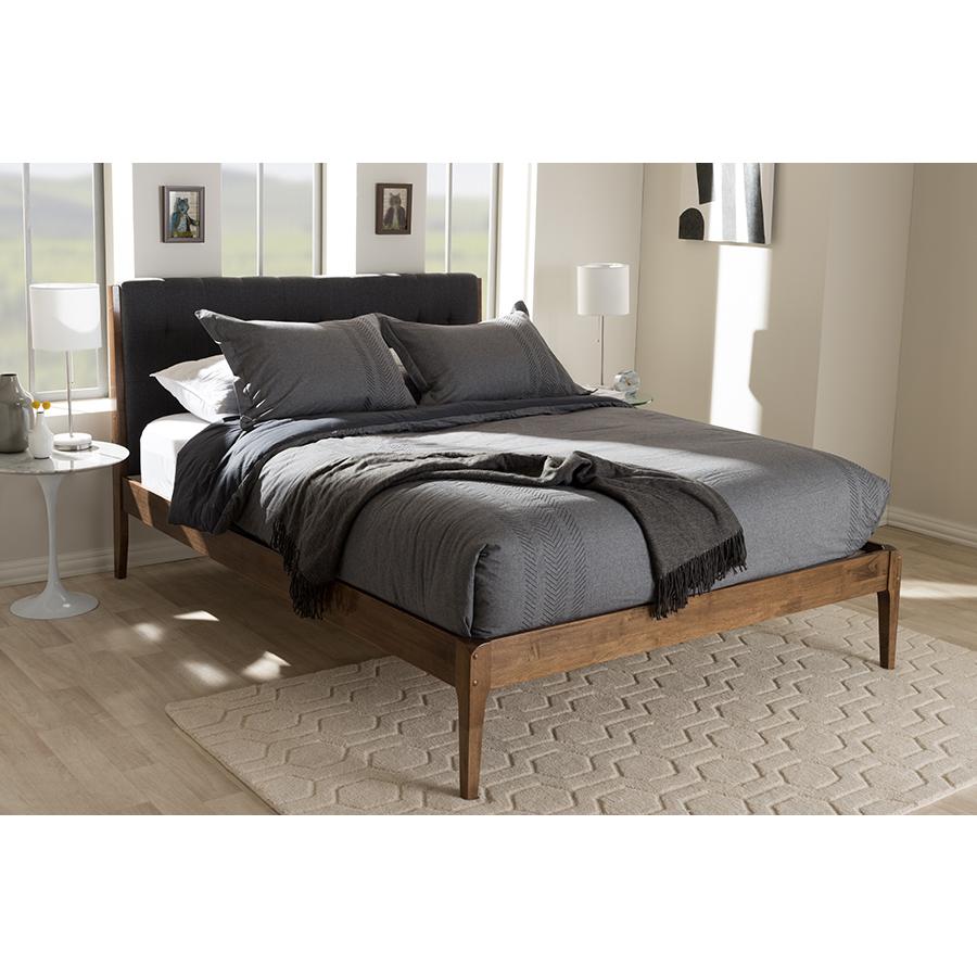 Clifford Mid-Century Dark Grey Fabric and Medium Brown Finish Wood King Size Platform Bed. Picture 6