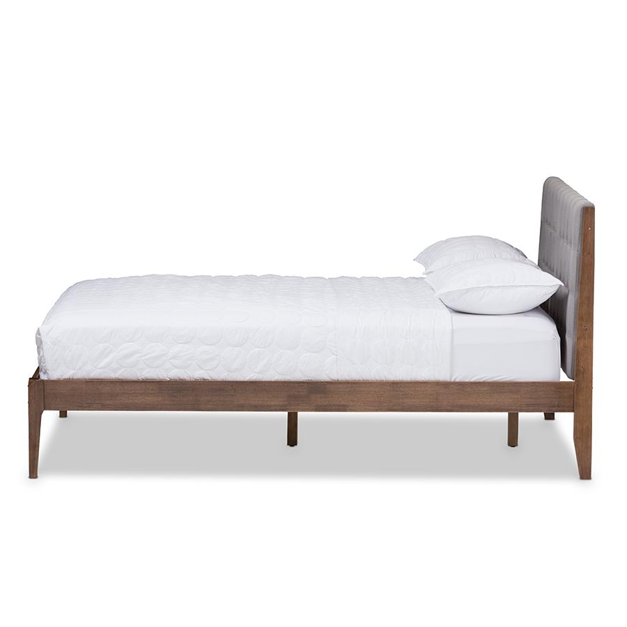 Clifford Mid-Century Light Grey Fabric and Medium Brown Finish Wood King Size Platform Bed. Picture 2