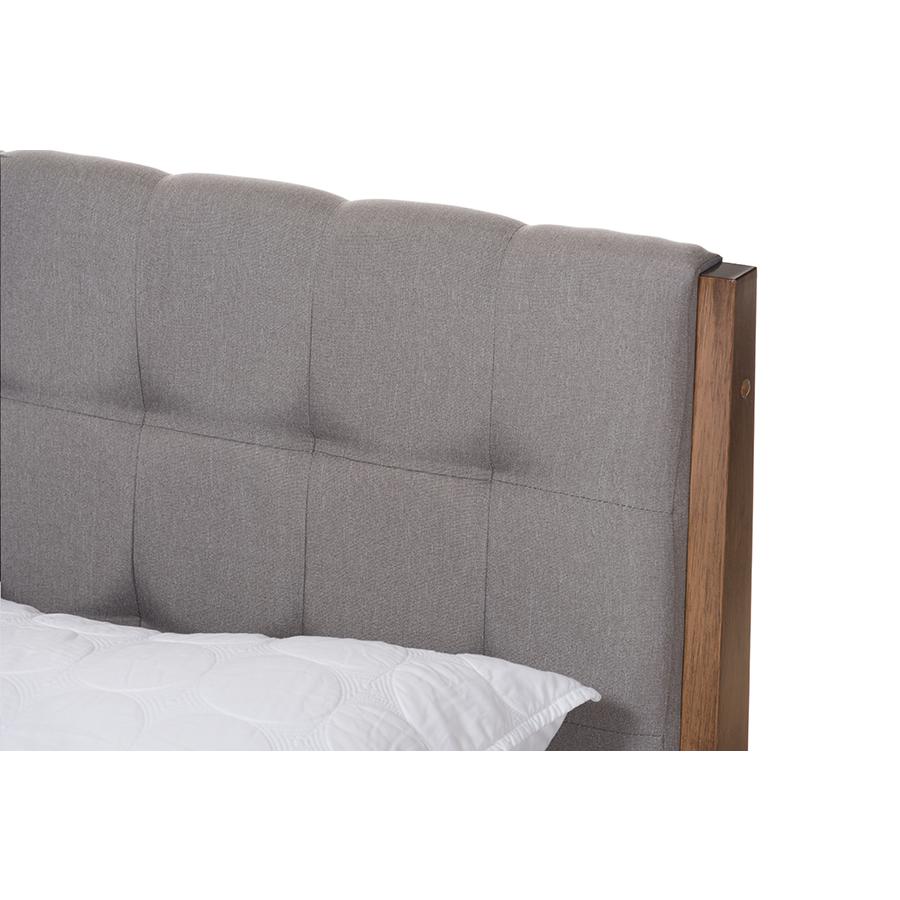 Clifford Mid-Century Light Grey Fabric and Medium Brown Finish Wood King Size Platform Bed. Picture 4