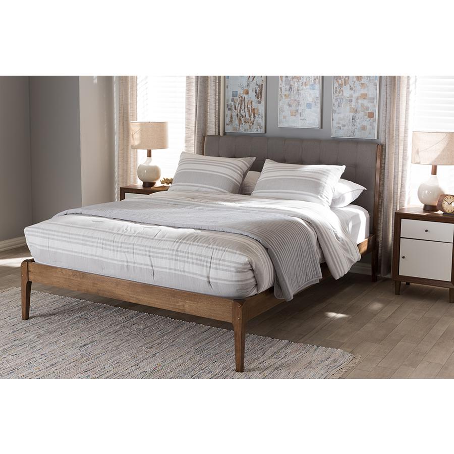 Clifford Mid-Century Light Grey Fabric and Medium Brown Finish Wood King Size Platform Bed. Picture 6