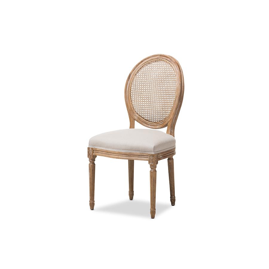 Beige Fabric Upholstered Dining Side Chair with Round Cane Back. Picture 1
