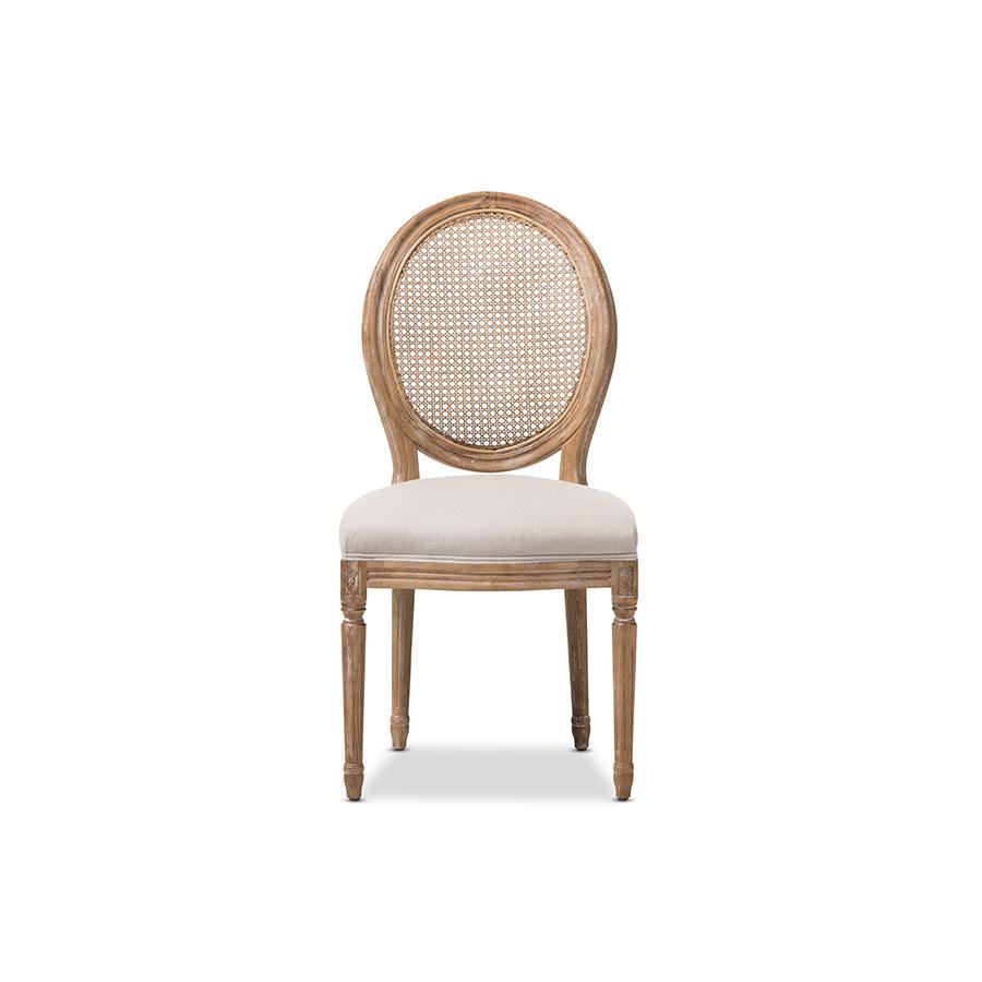 Beige Fabric Upholstered Dining Side Chair with Round Cane Back. Picture 2