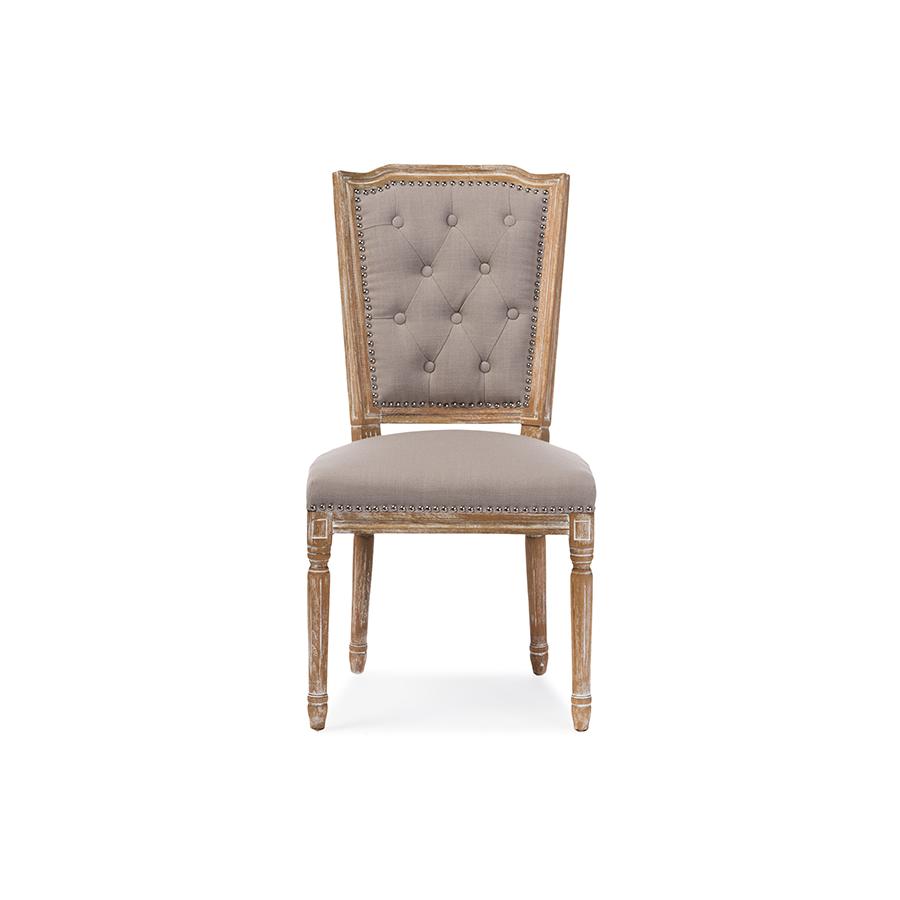 Cottage Weathered Oak Beige Fabric Button-tufted Upholstered Dining Chair. Picture 7