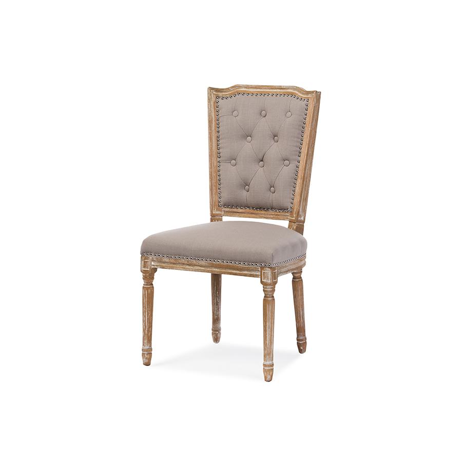 Cottage Weathered Oak Beige Fabric Button-tufted Upholstered Dining Chair. Picture 1