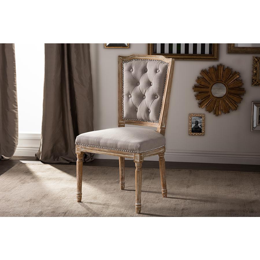 Cottage Weathered Oak Beige Fabric Button-tufted Upholstered Dining Chair. Picture 6
