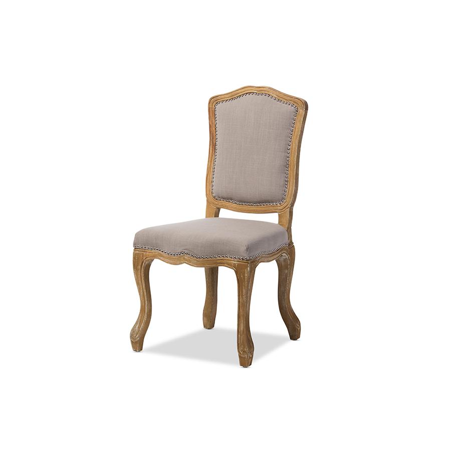 Cottage Weathered Oak Beige Fabric Upholstered Dining Side Chair. Picture 1