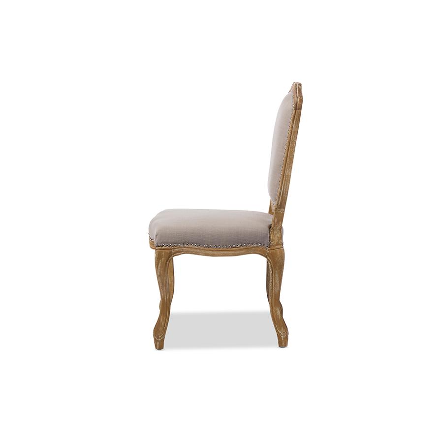 Cottage Weathered Oak Beige Fabric Upholstered Dining Side Chair. Picture 2